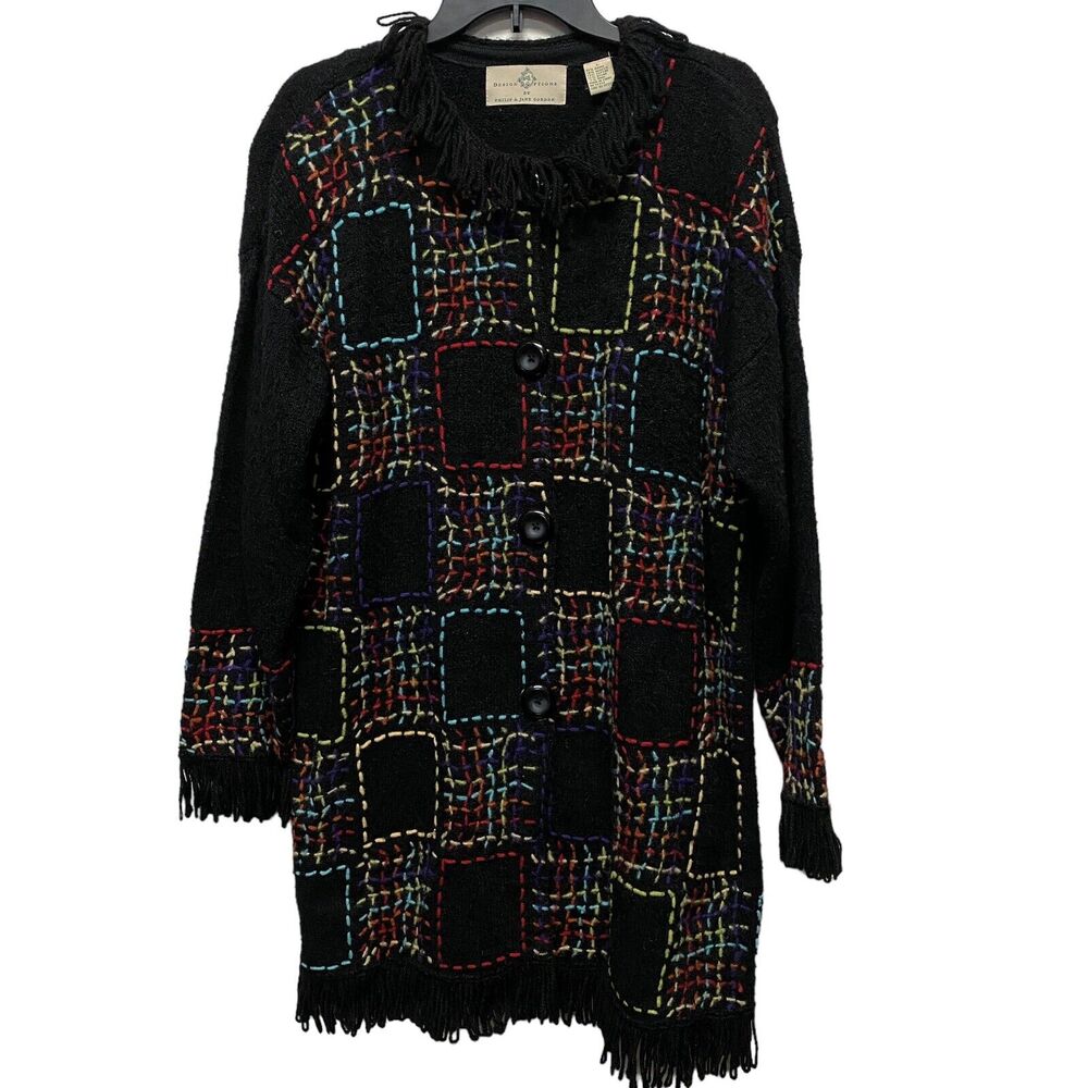 Design Options‎ Philip Jane Gordon Sz L Embroidered Long Black Cardigan Sweater
